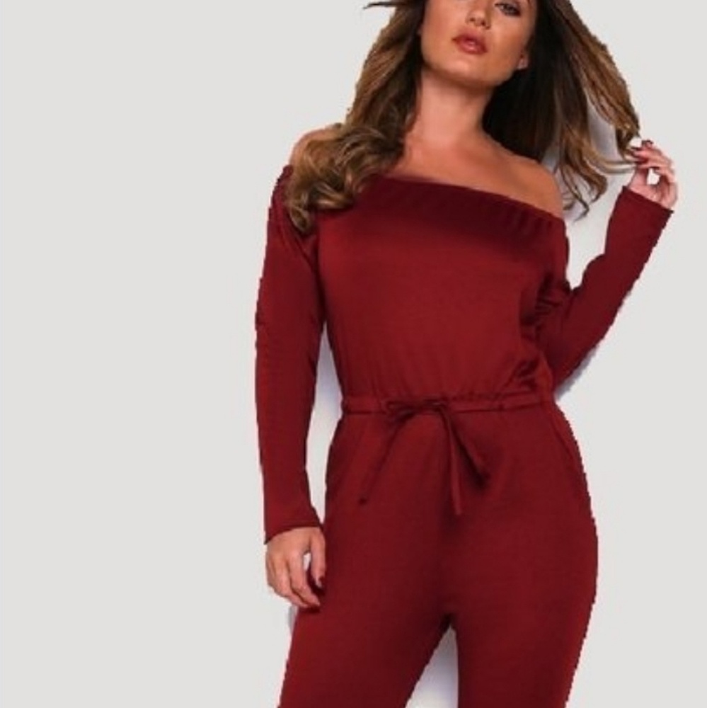 NWT Burgundy Off the Shoulder Long Sleeve Jumpsuit - Picture 4 of 8